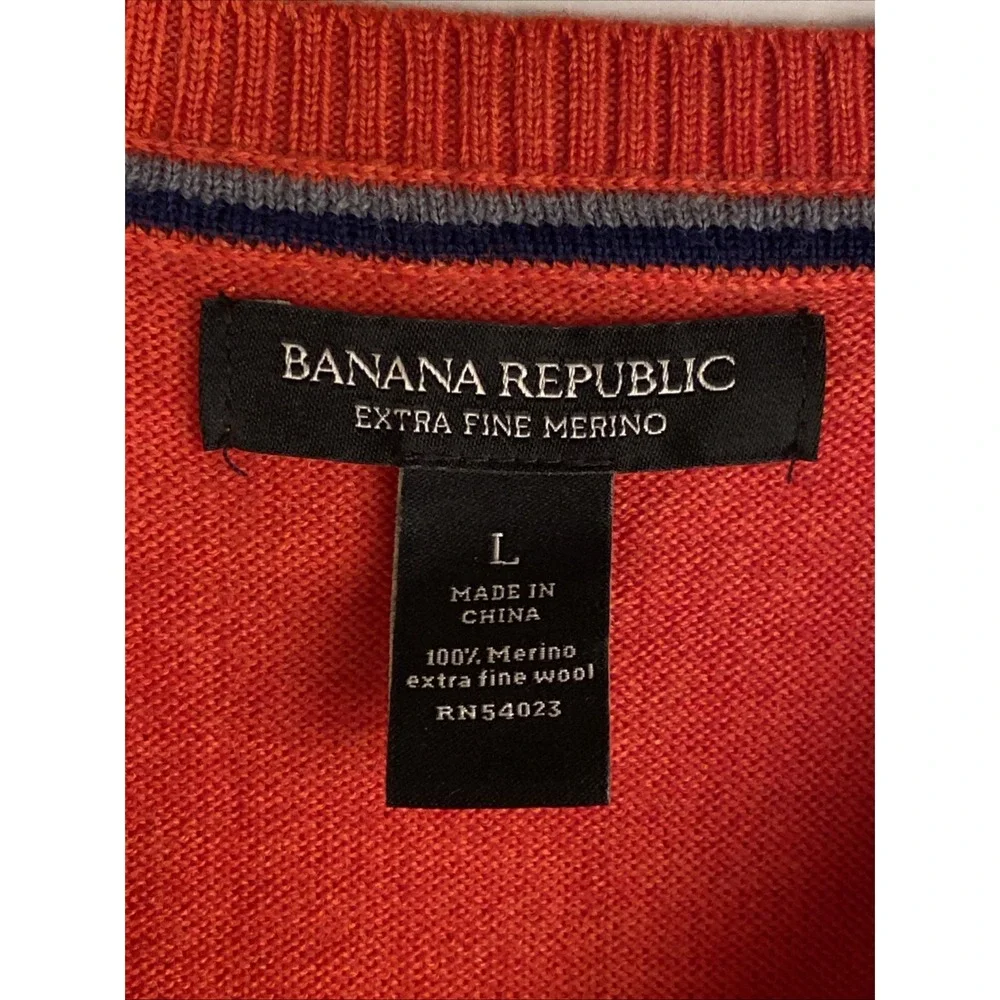 Banana Republic Bright Orange Merino Wool V Neck Stripe Sweater Mens Size L‎